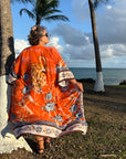 Charlize - Orange floral : Kimono long bohème, fluide et élégant en toute occasion
