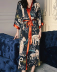 Amaya - Feline Black: Long satin night kimono, comfort and elegance
