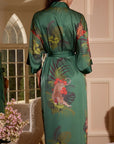 Betty – Emerald Green: Long satin night kimono with floral print