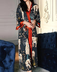 Amaya - Feline Black: Long satin night kimono, comfort and elegance