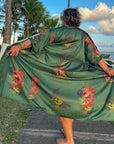Betty – Emerald Green: Long satin night kimono with floral print