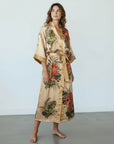 Betty – Champagne Beige: Long satin night kimono with floral print