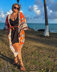 Charlize - Orange floral : Kimono long bohème, fluide et élégant en toute occasion