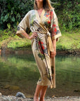 Betty – Champagne Beige: Long satin night kimono with floral print