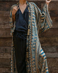 Charlize - Bleu géométrique : Kimono long bohème, fluide et élégant en toute occasion