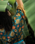 Ubud – Vert fleuri : Kimono long en soie