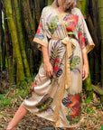 Betty – Champagne Beige: Long satin night kimono with floral print