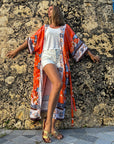 Charlize - Orange floral : Kimono long bohème, fluide et élégant en toute occasion