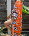 Charlize - Orange floral : Kimono long bohème, fluide et élégant en toute occasion