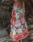 Charlize - Menthe florale : Kimono long bohème, fluide et élégant en toute occasion