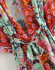 Charlize - Menthe florale : Kimono long bohème, fluide et élégant en toute occasion