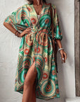 Charlize - Vert rosace : Kimono long bohème, fluide et élégant en toute occasion
