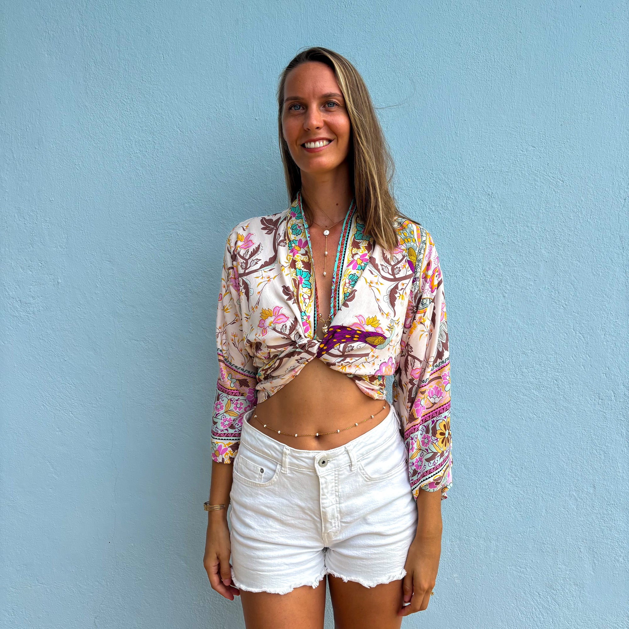 Giulia – Beige rose : Kimono court d’été, léger et élégant