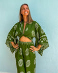 Giulia — Ensemble kimono court & pantalon fluide imprimé - Vert Écume