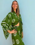 Giulia — Ensemble kimono court & pantalon fluide imprimé - Vert Écume