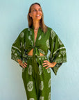 Giulia — Ensemble kimono court & pantalon fluide imprimé - Vert Écume