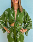 Giulia — Ensemble kimono court & pantalon fluide imprimé - Vert Écume