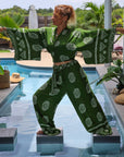 Giulia — Ensemble kimono court & pantalon fluide imprimé - Vert Écume