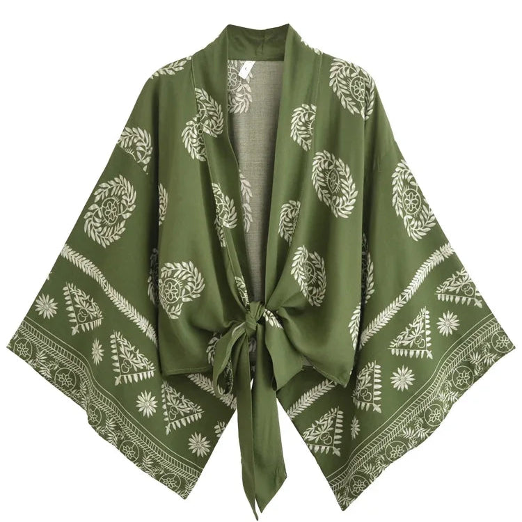 Giulia — Ensemble kimono court &amp; pantalon fluide imprimé - Vert Écume