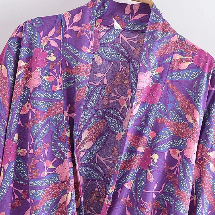 Giulia — Ensemble kimono court &amp; pantalon fluide imprimé - Brume de lavande