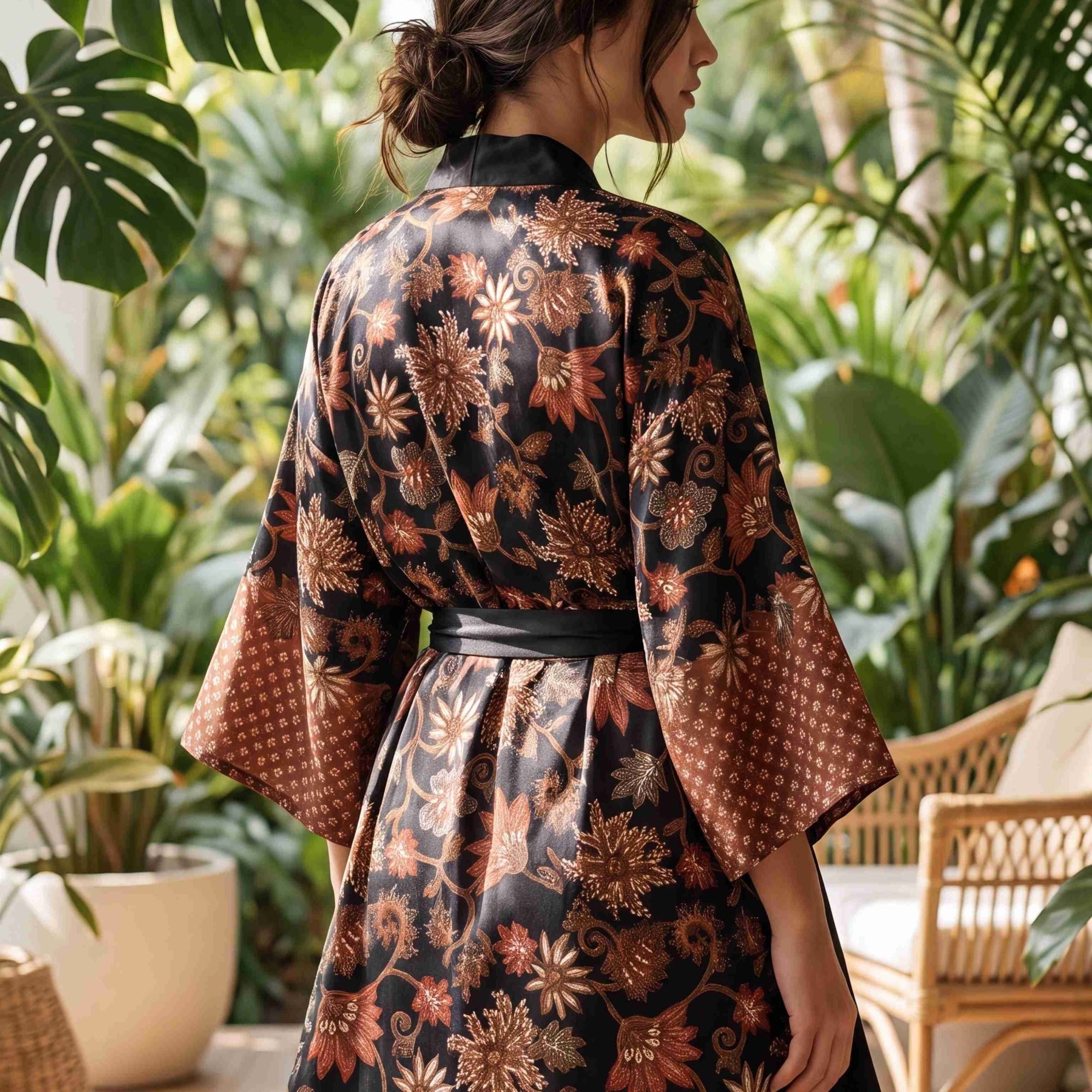 Agung – Noir fleuri : Kimono long en soie - Amboria