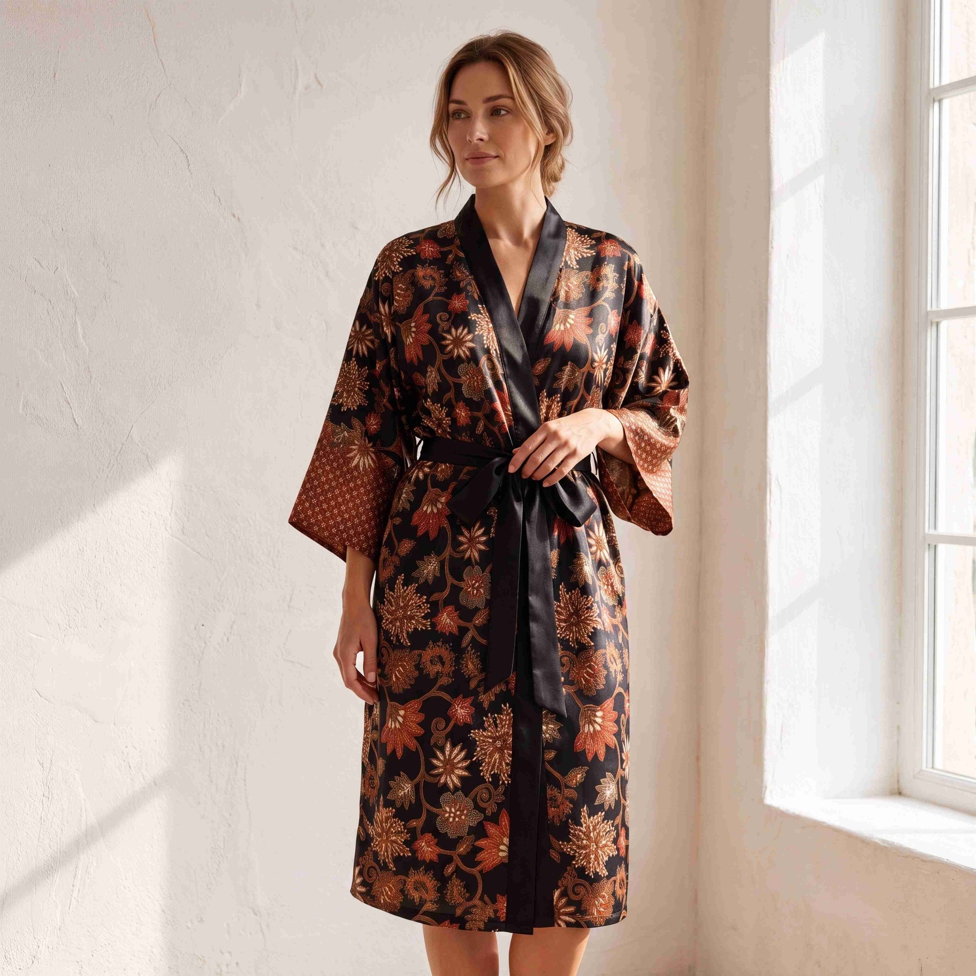Agung – Noir fleuri : Kimono long en soie - Amboria