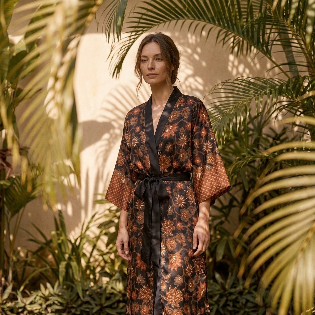 Agung – Noir fleuri : Kimono long en soie - Amboria