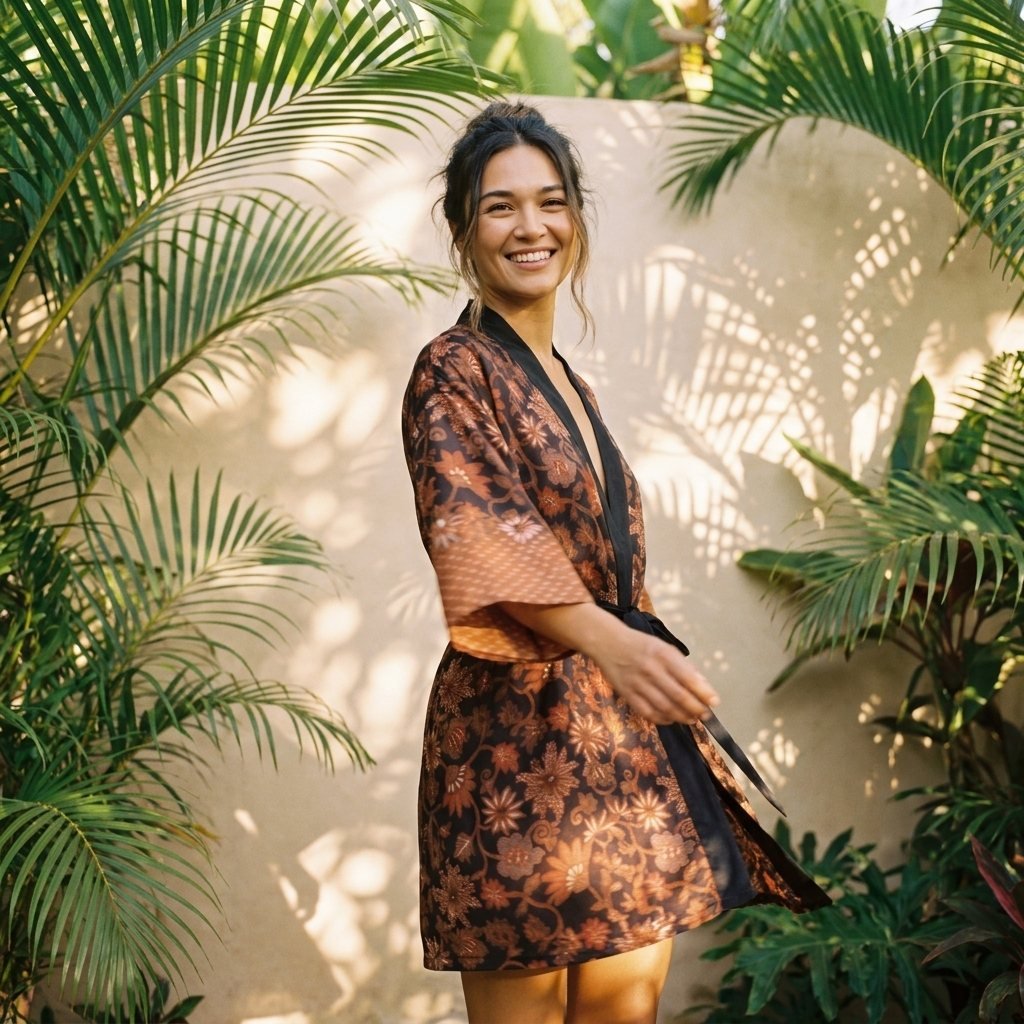 Agung – Noir fleuri : Kimono mi-long en soie - Amboria