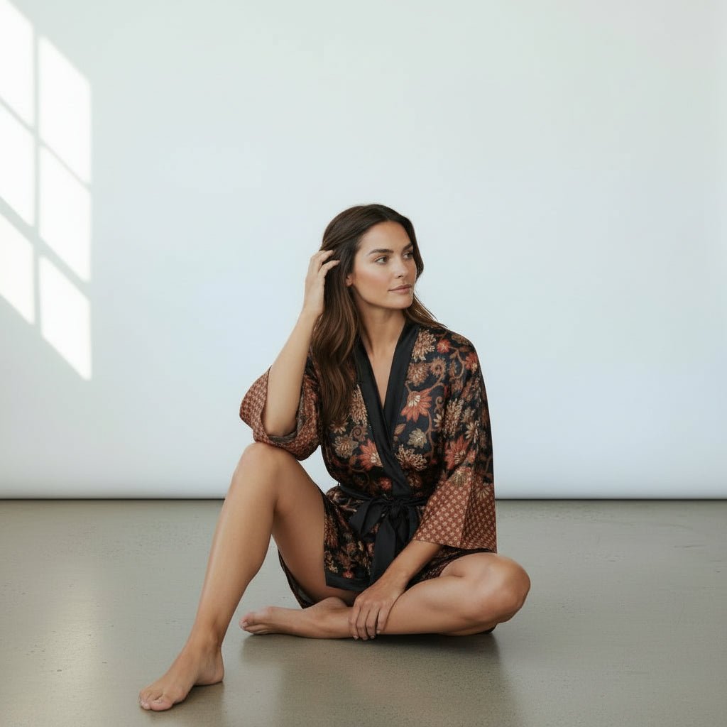 Agung – Noir fleuri : Kimono mi - long en soie - Amboria
