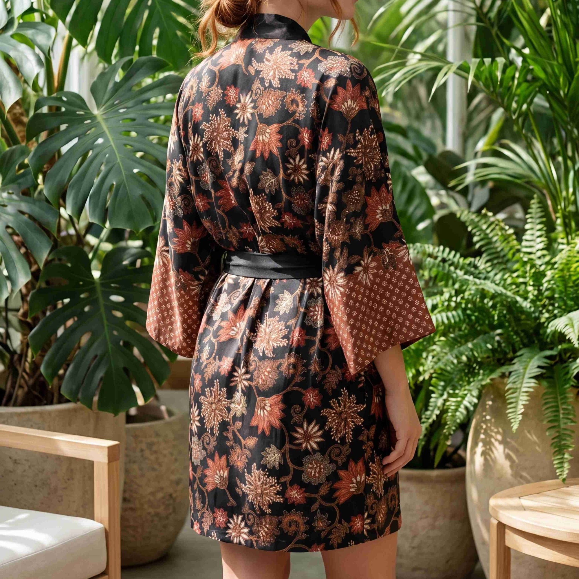 Agung – Noir fleuri : Kimono mi-long en soie - Amboria