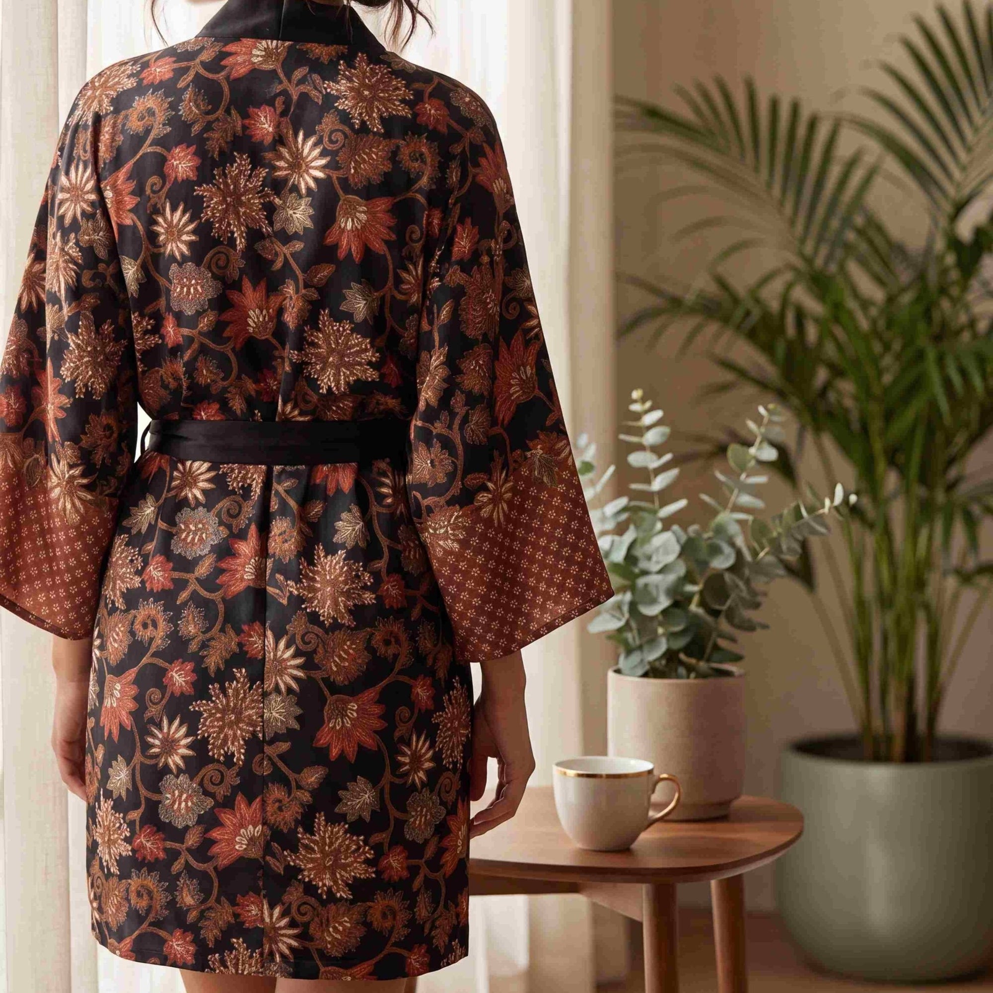 Agung – Noir fleuri : Kimono mi-long en soie - Amboria