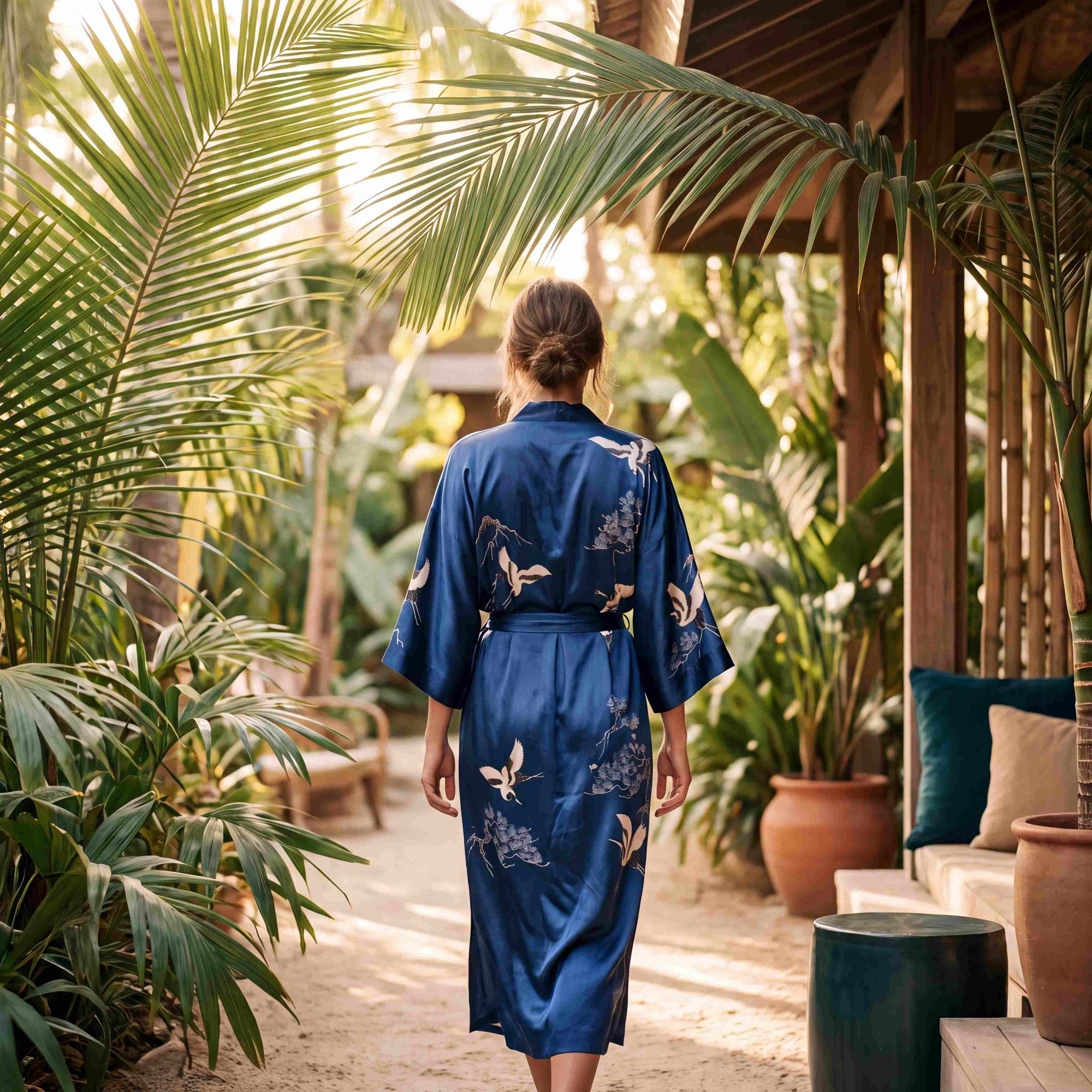 Amaya – Bleu intense : Kimono long de nuit en satin, confort et élégance - Amboria
