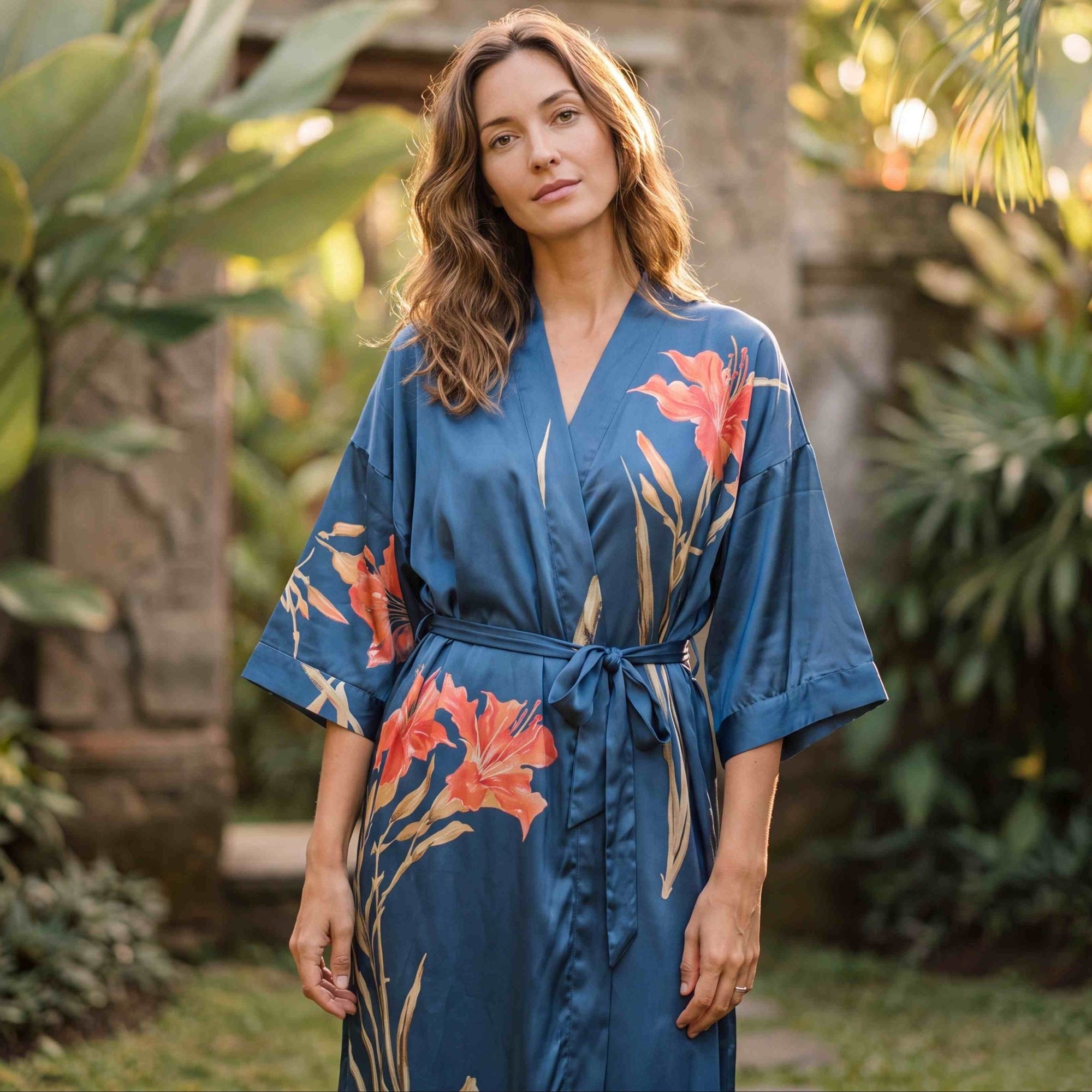 Amaya – Bleu marine : Kimono long de nuit en satin, confort et élégance - Amboria