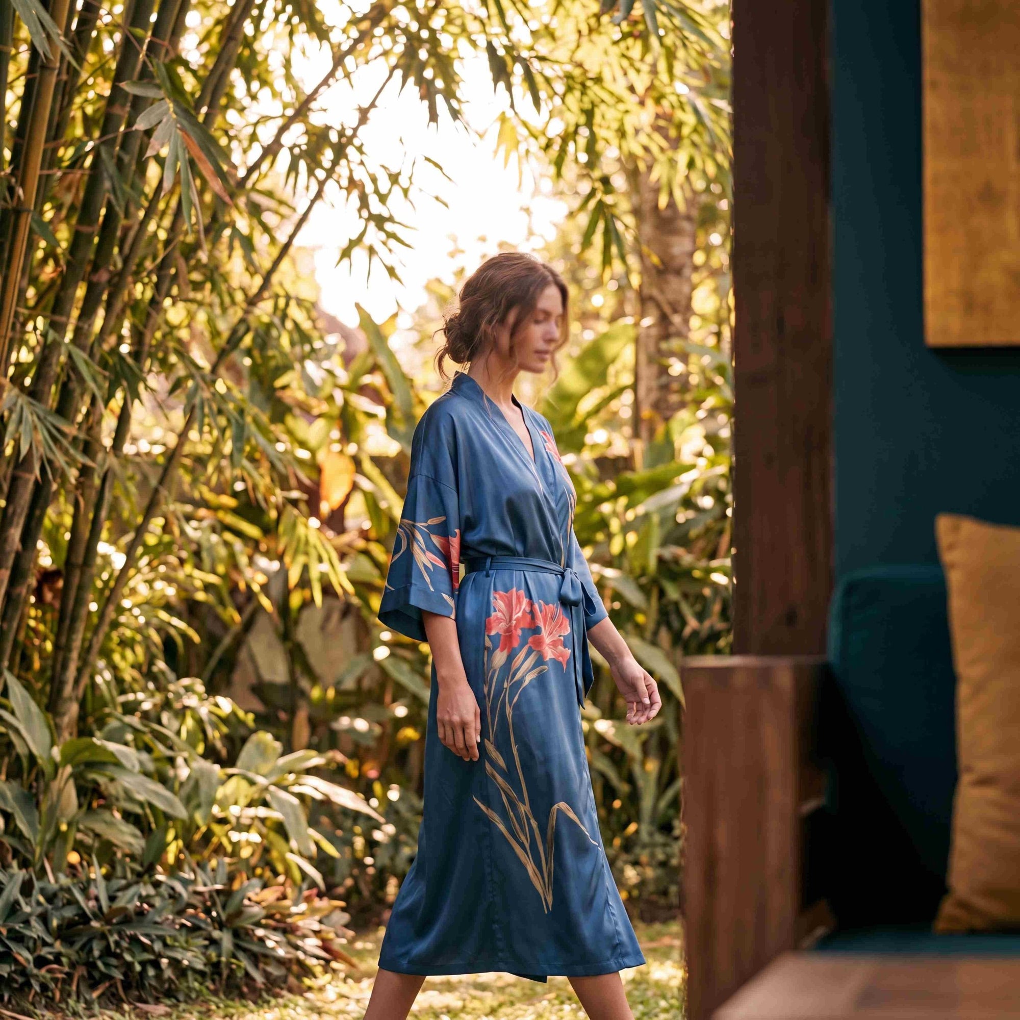 Amaya – Bleu marine : Kimono long de nuit en satin, confort et élégance - Amboria