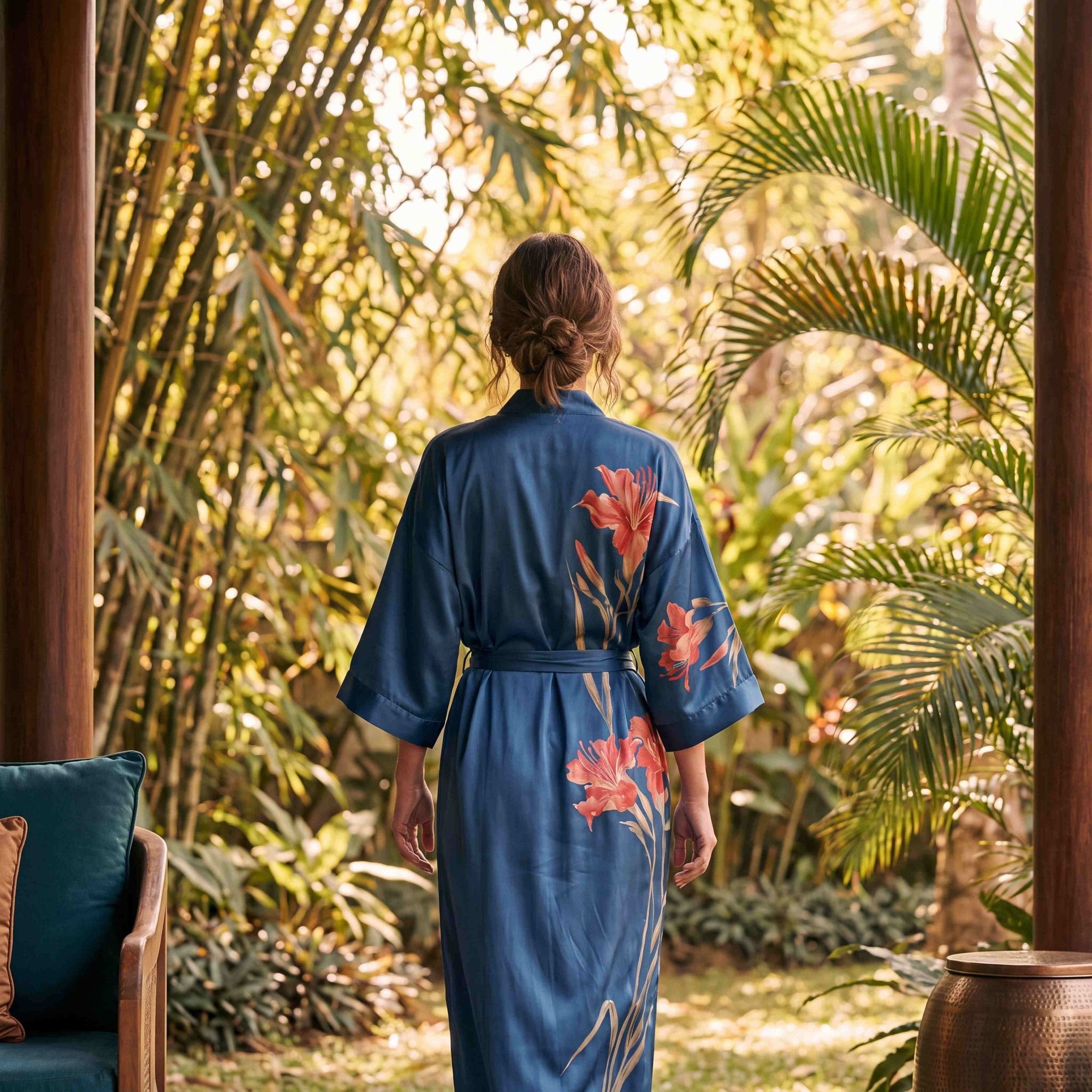 Amaya – Bleu marine : Kimono long de nuit en satin, confort et élégance - Amboria