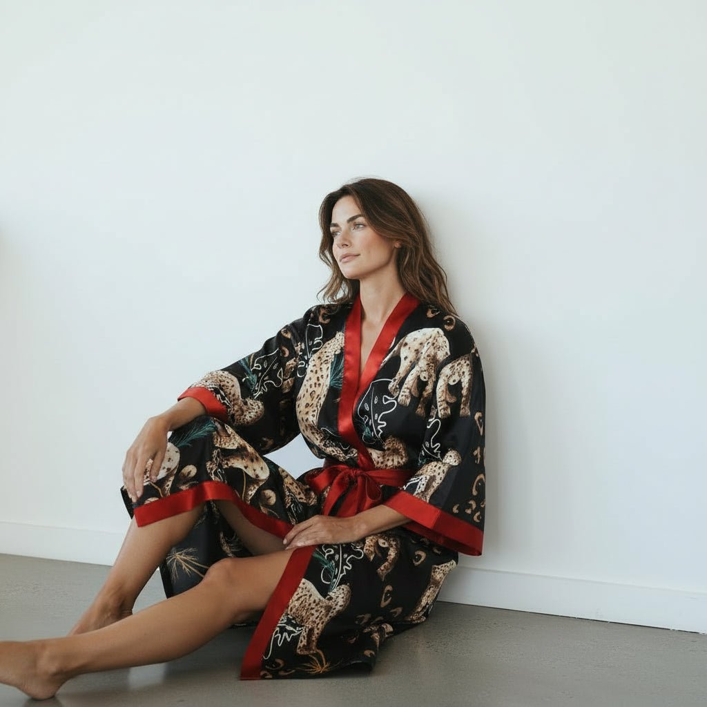 Amaya - Noir félin : Kimono long de nuit en satin, confort et élégance - Amboria