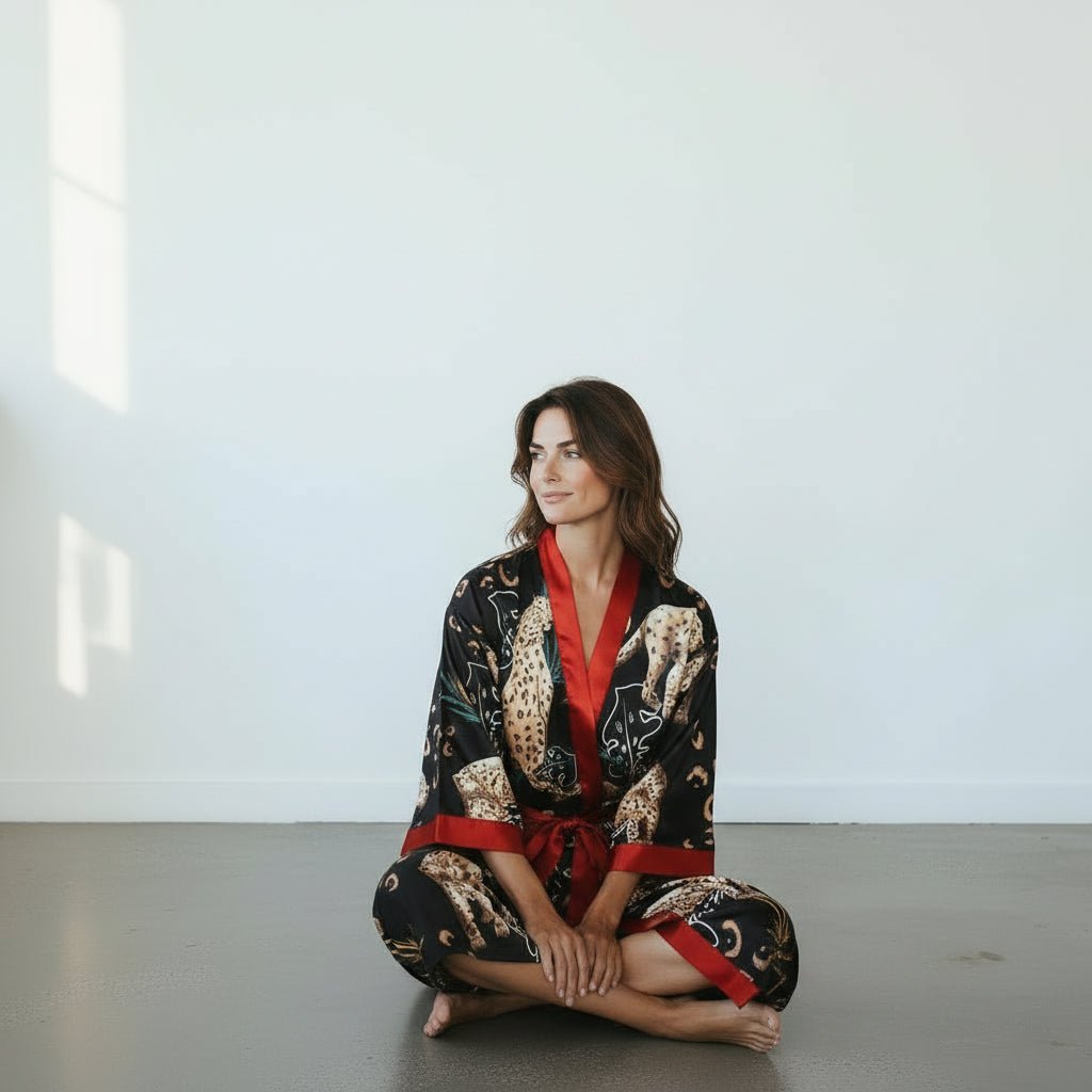 Amaya - Noir félin : Kimono long de nuit en satin, confort et élégance - Amboria