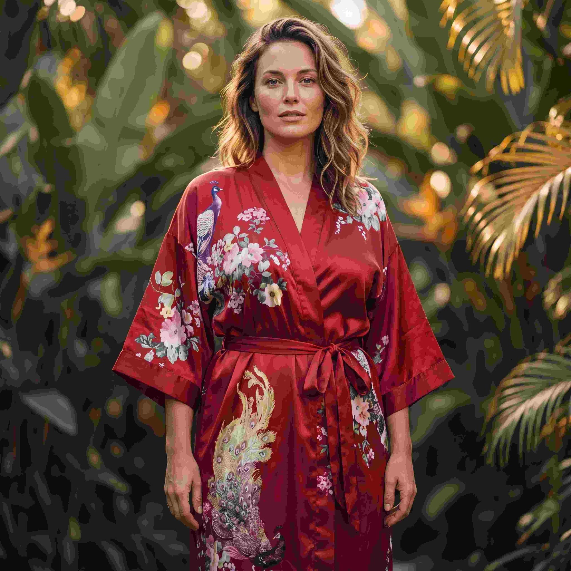 Amaya – Rouge intense : Kimono long de nuit en satin, confort et élégance - Amboria