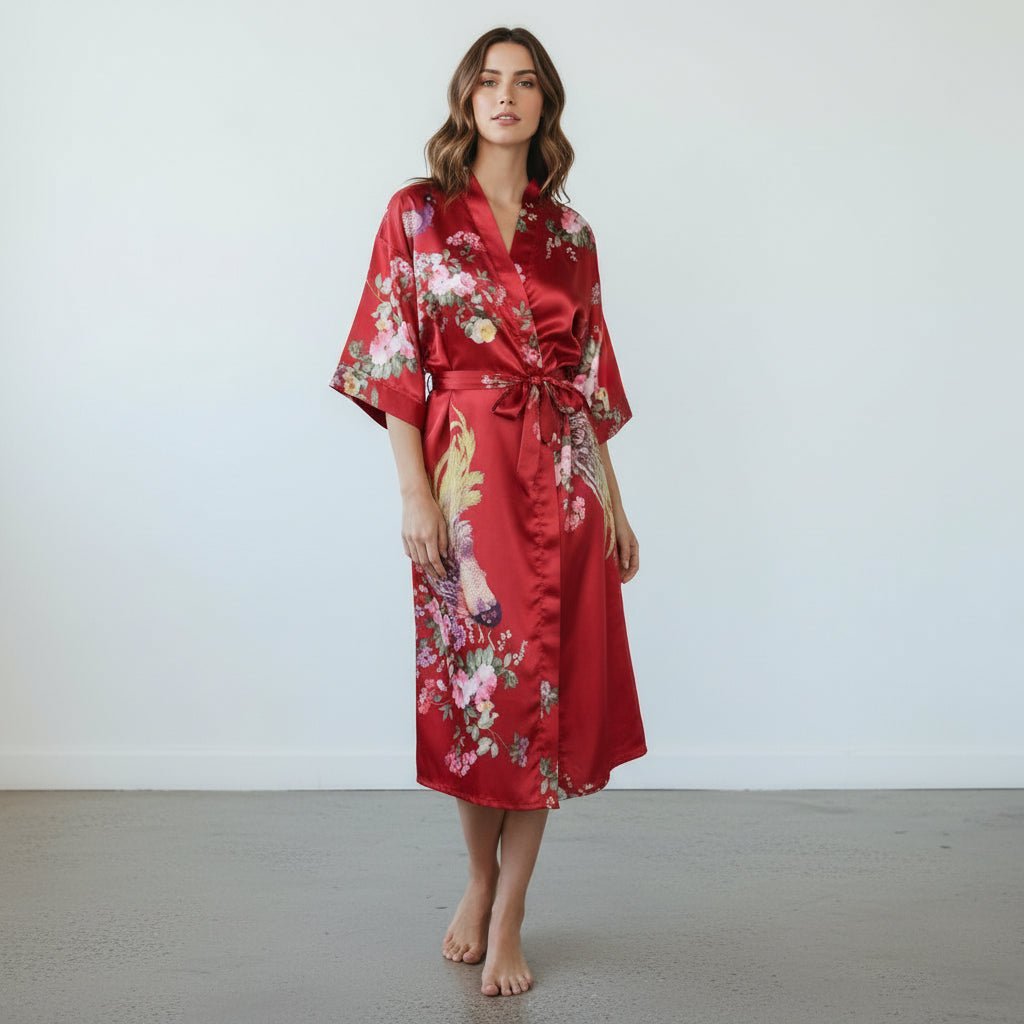 Amaya – Rouge intense : Kimono long de nuit en satin, confort et élégance - Amboria