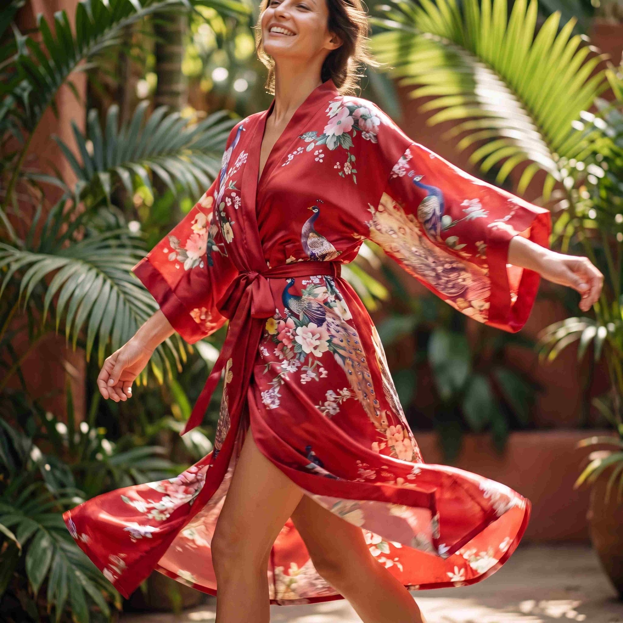 Amaya – Rouge intense : Kimono long de nuit en satin, confort et élégance - Amboria