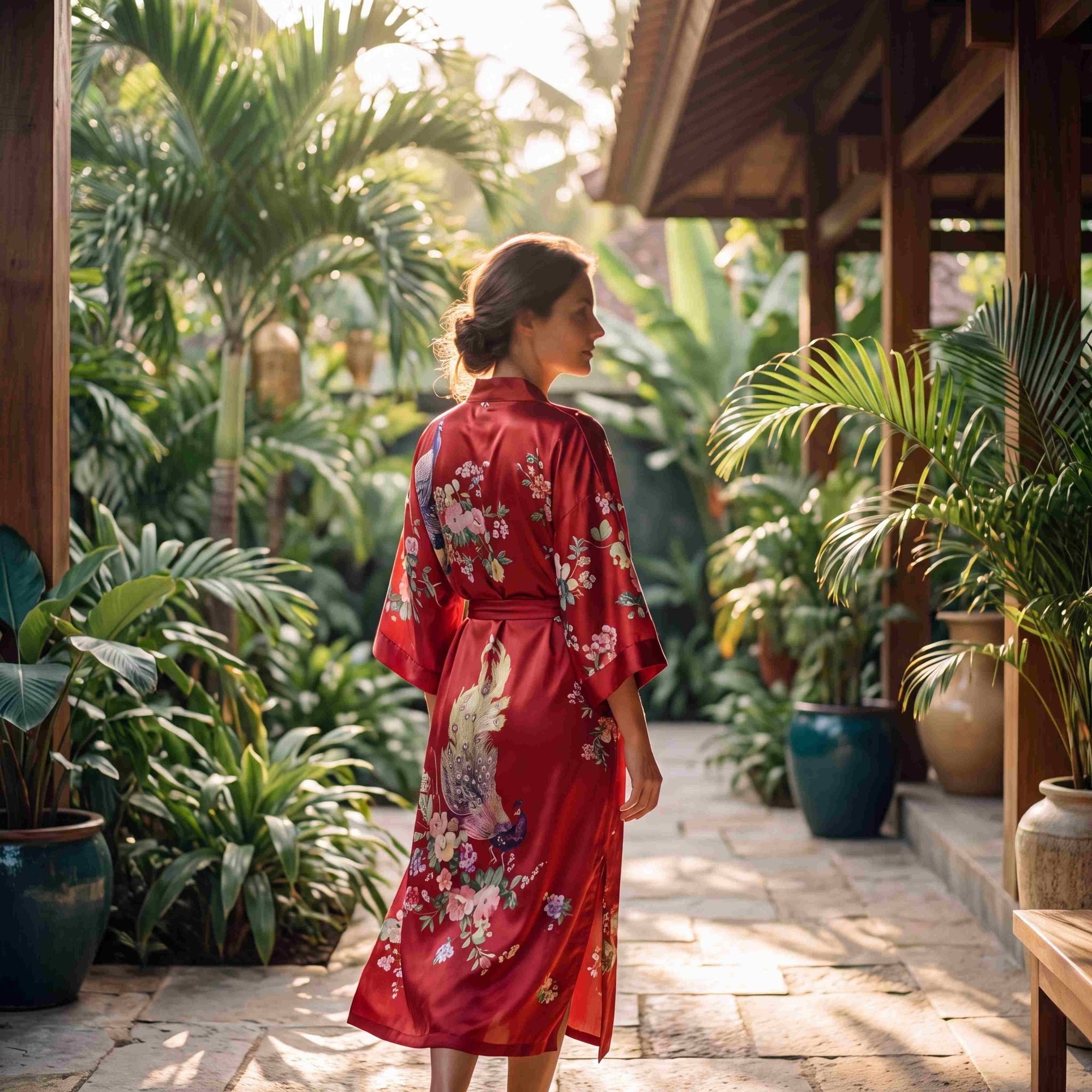 Amaya – Rouge intense : Kimono long de nuit en satin, confort et élégance - Amboria