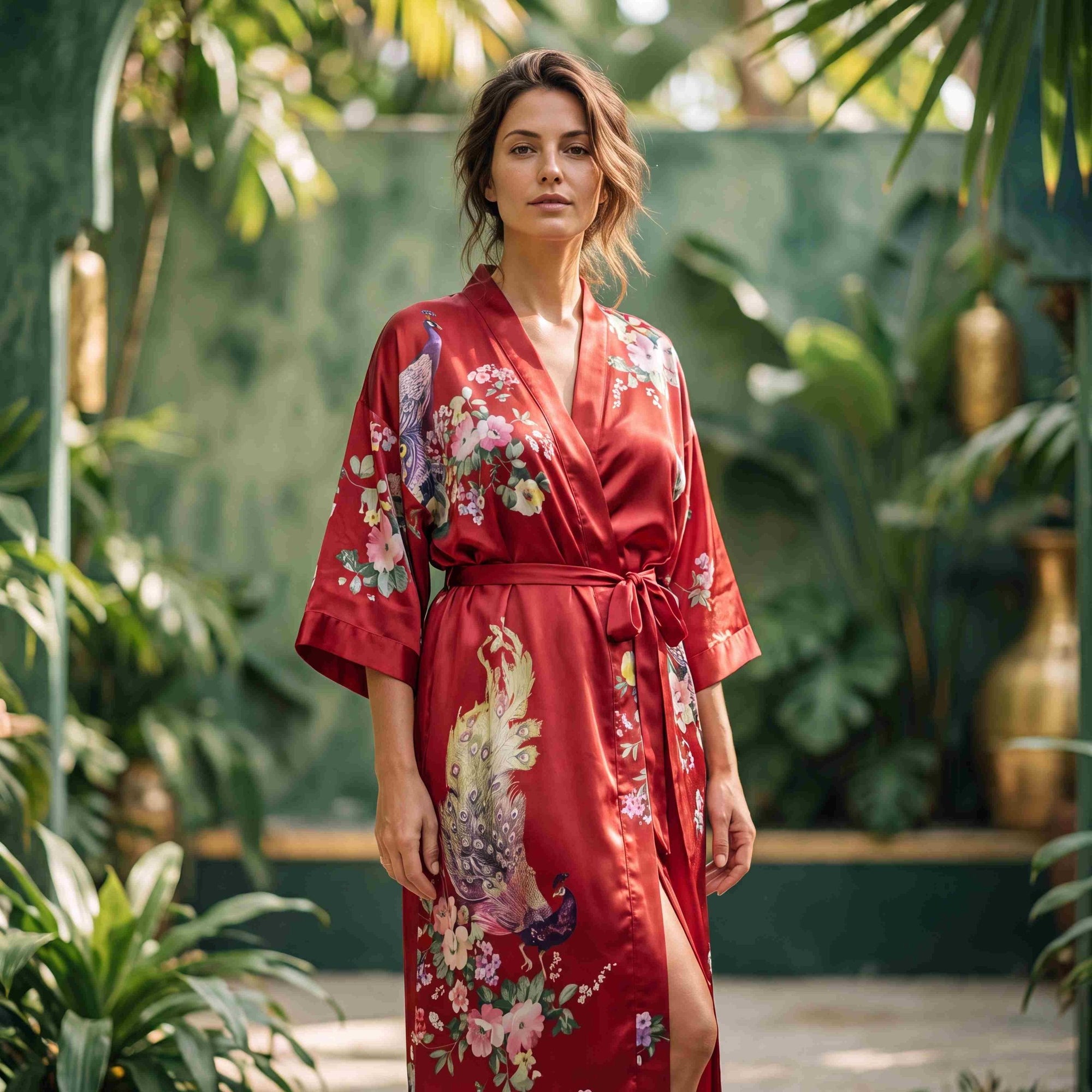 Amaya – Rouge intense : Kimono long de nuit en satin, confort et élégance - Amboria