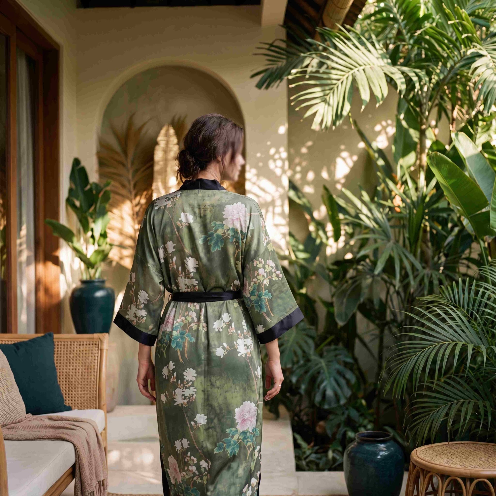 Amaya - Vert Noir : Kimono long de nuit en satin, confort et élégance - Amboria