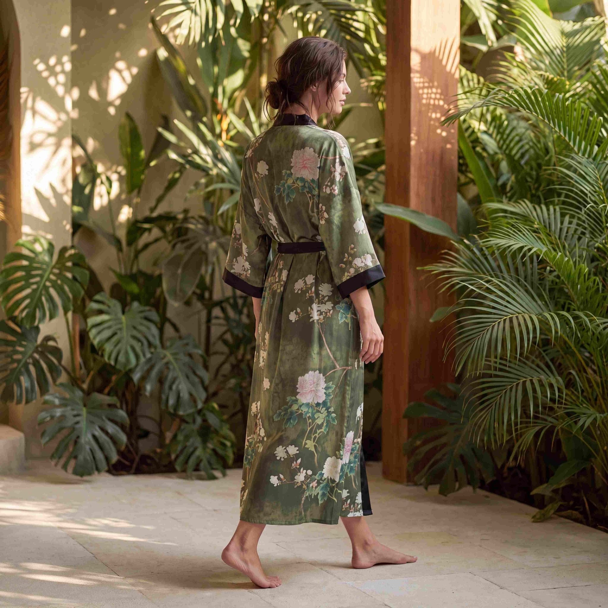 Amaya - Vert Noir : Kimono long de nuit en satin, confort et élégance - Amboria