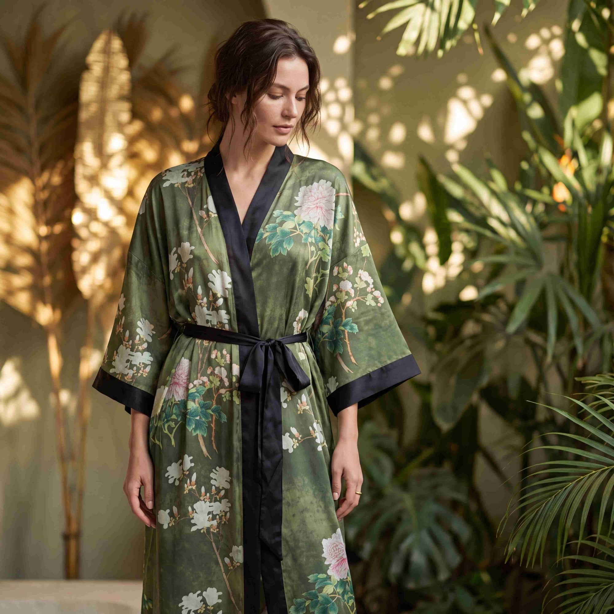 Amaya - Vert Noir : Kimono long de nuit en satin, confort et élégance - Amboria