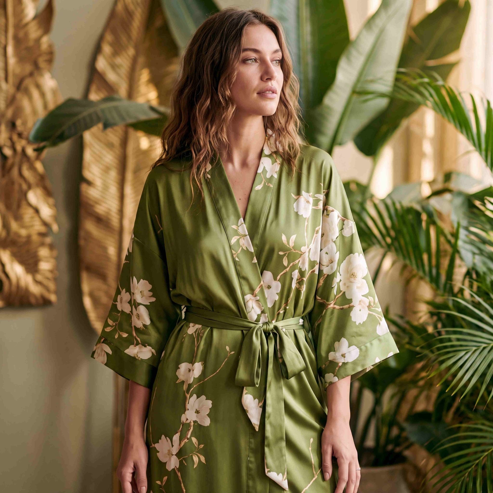 Amaya - Vert olive : Kimono long de nuit en satin, confort et élégance - Amboria