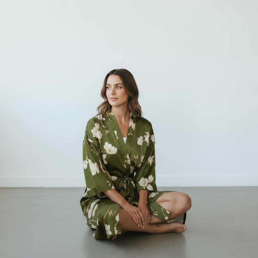 Amaya - Vert olive : Kimono long de nuit en satin, confort et élégance - Amboria