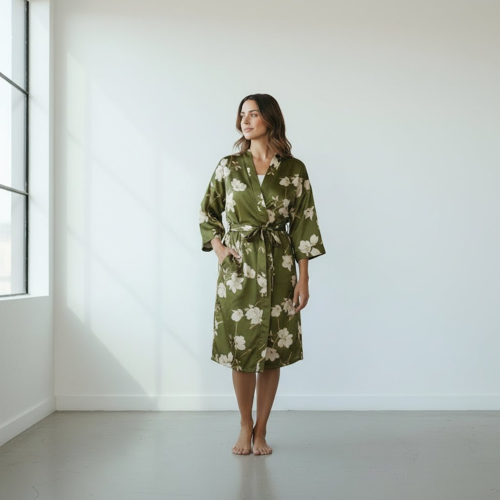 Amaya - Vert olive : Kimono long de nuit en satin, confort et élégance - Amboria
