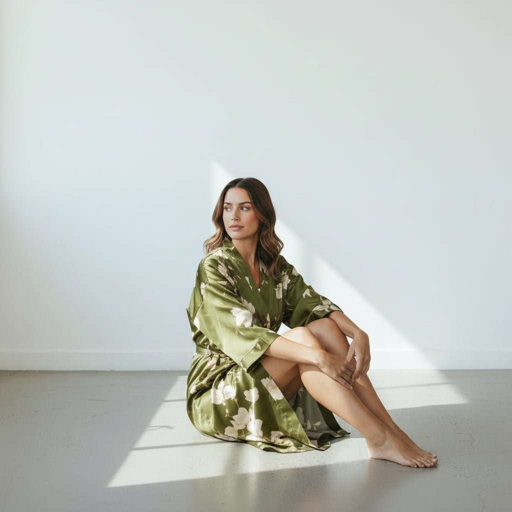 Amaya - Vert olive : Kimono long de nuit en satin, confort et élégance - Amboria