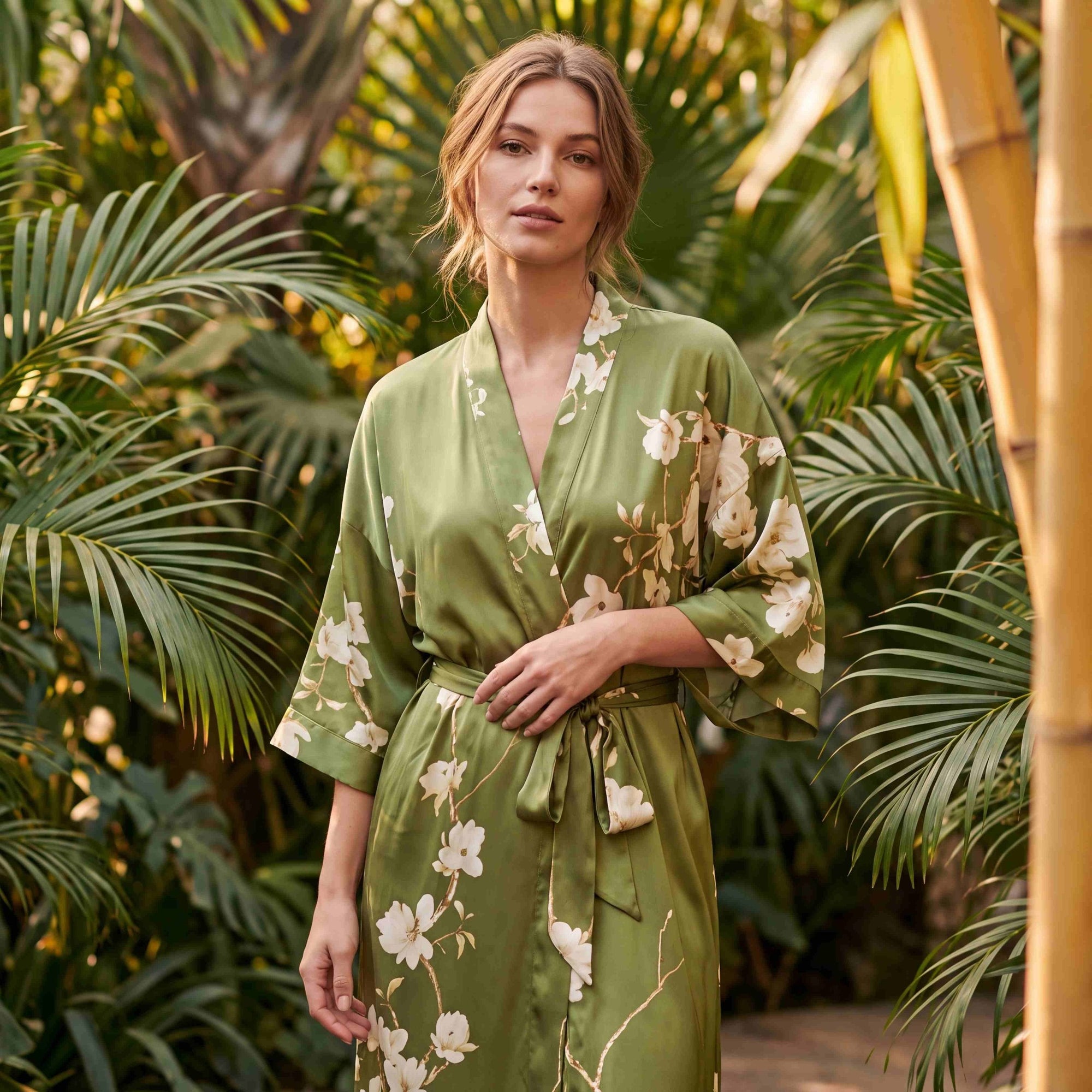 Amaya - Vert olive : Kimono long de nuit en satin, confort et élégance - Amboria